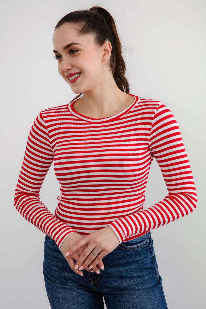 Kadın Ekru-Kırmızı Fitilli Uzun Kollu Crop Bluz