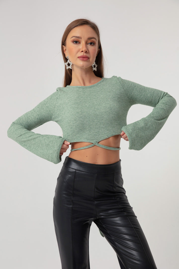 Kadın Mint Yeşili Bağlama Detaylı Örme Crop