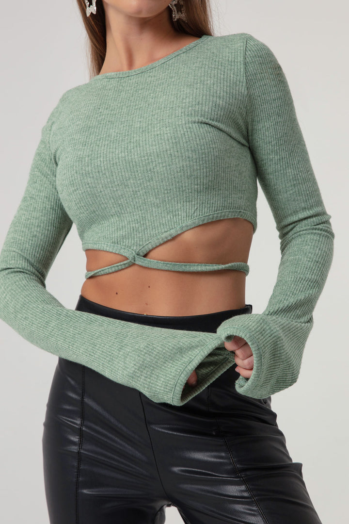 Kadın Mint Yeşili Bağlama Detaylı Örme Crop
