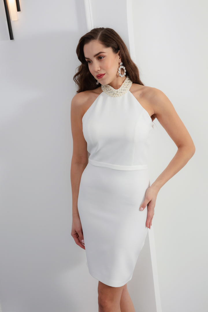 Kadın Beyaz İncili Mini Söz Nişan Nikah Abiye Elbise
