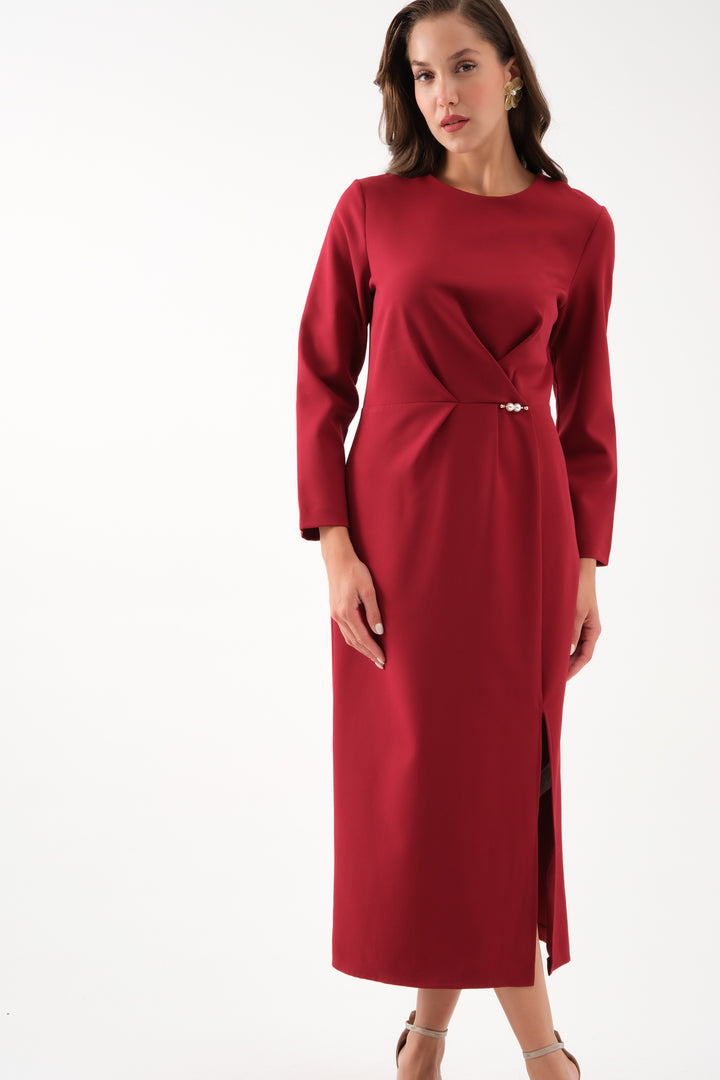 Kadın Bordo Dar Kalıp İnci Detay Midi Davet Elbisesi