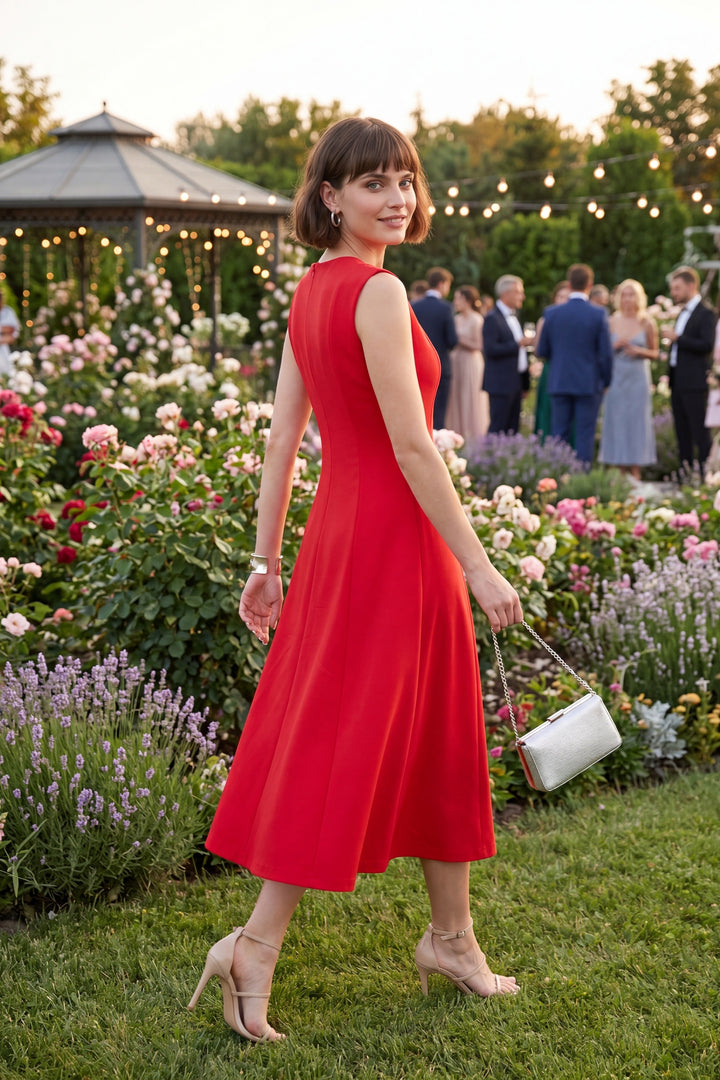 Kadın Kırmızı Dar Kalıp Vatkalı Midi Davet Elbisesi