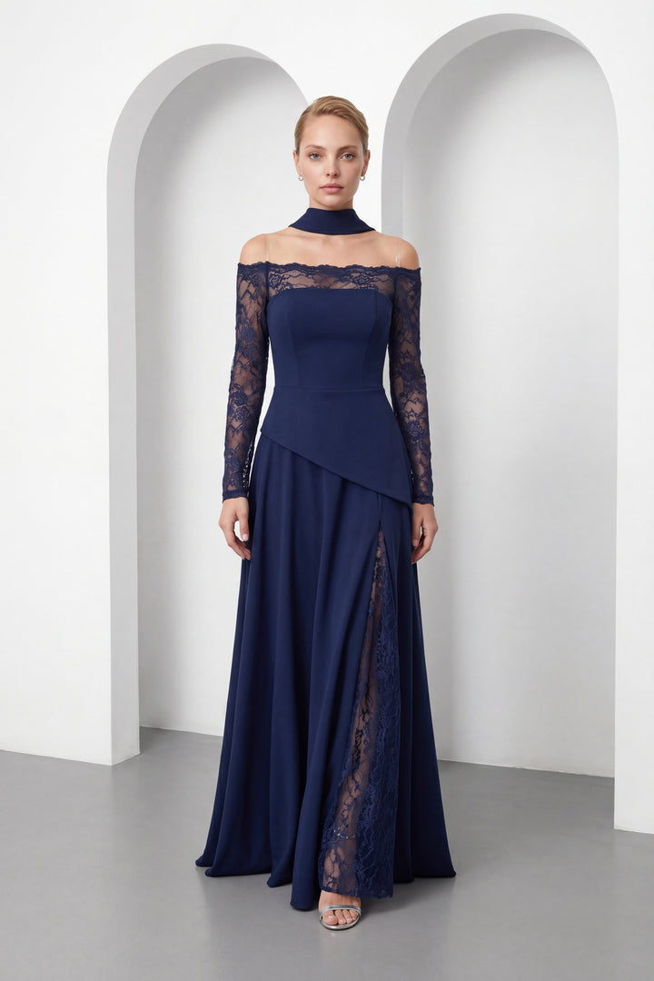 Kadın Lacivert Dar Kalıp Kayık Yaka Dantel Detay Uzun Abiye Elbise