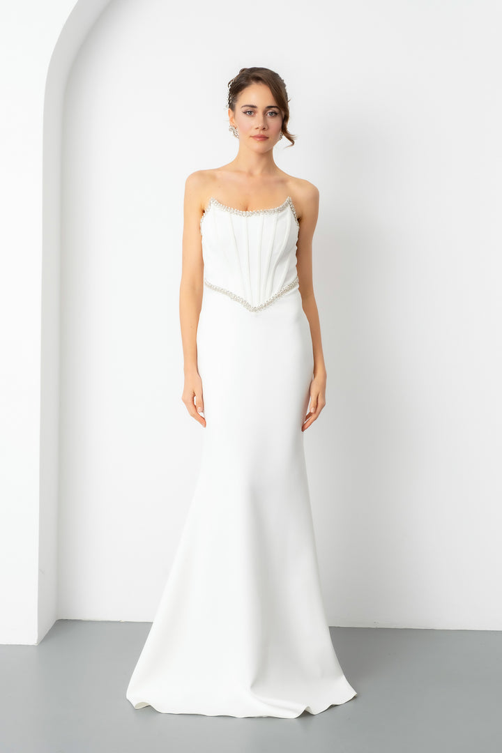 Kadın Beyaz Dar Kalıp Straplez Taşlı Peplum Kesim Söz Nişan Nikah Abiye