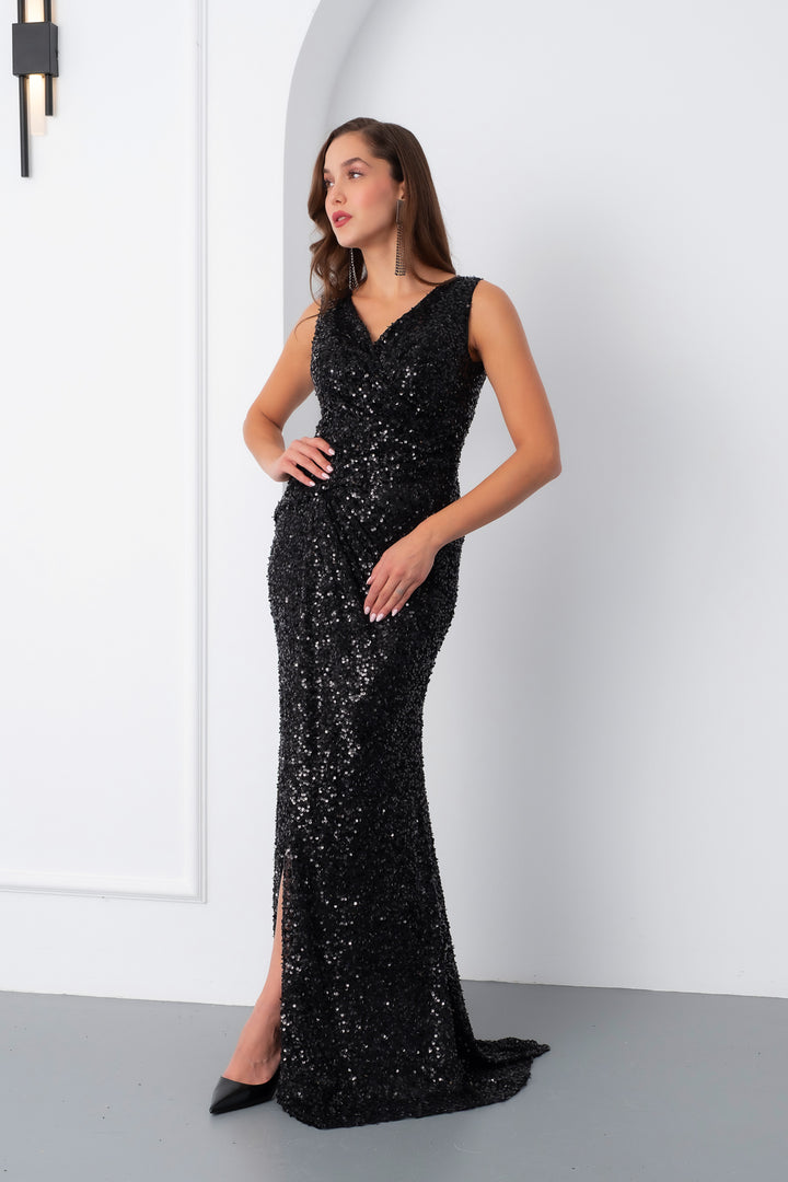 Kadın Siyah Dar Kalıp V Yaka Pul Payet Uzun Abiye Elbise