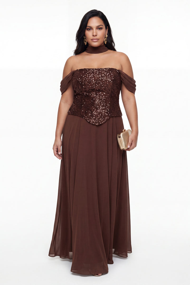Kadın Kahverengi Kayık Yaka Üstü Payetli Uzun Büyük Beden Abiye Elbise