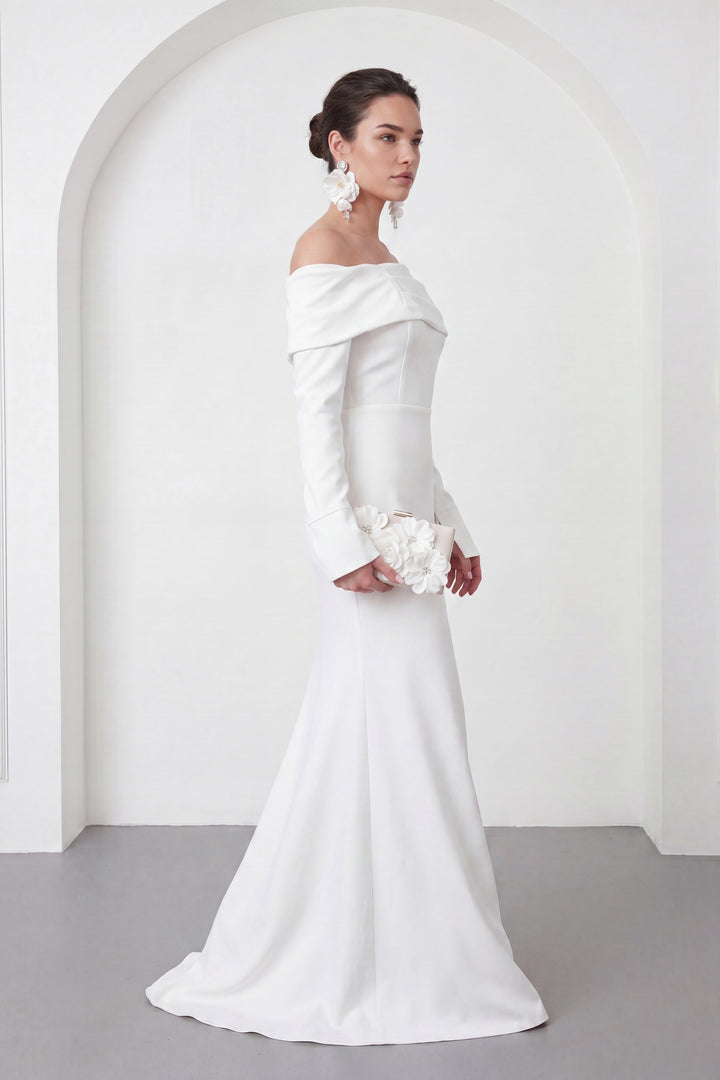 Kadın Beyaz Kayık Yaka Uzun Kol Söz Nişan Nikah Abiye Elbise