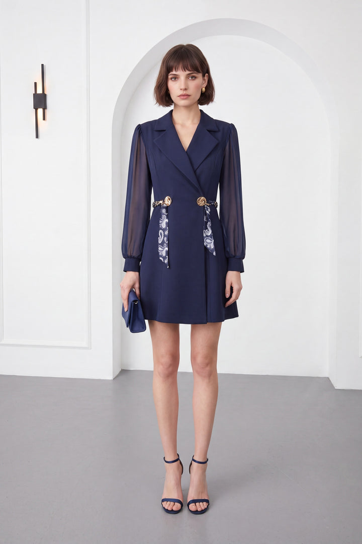 Kadın Lacivert Kruvaze Yaka Kemer Detay Mini Davet Elbisesi