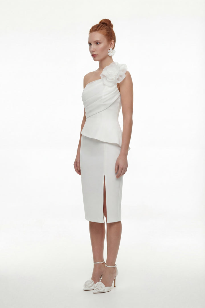 Kadın Beyaz Çiçek Detaylı Midi Söz Nişan Nikah Abiye Elbise