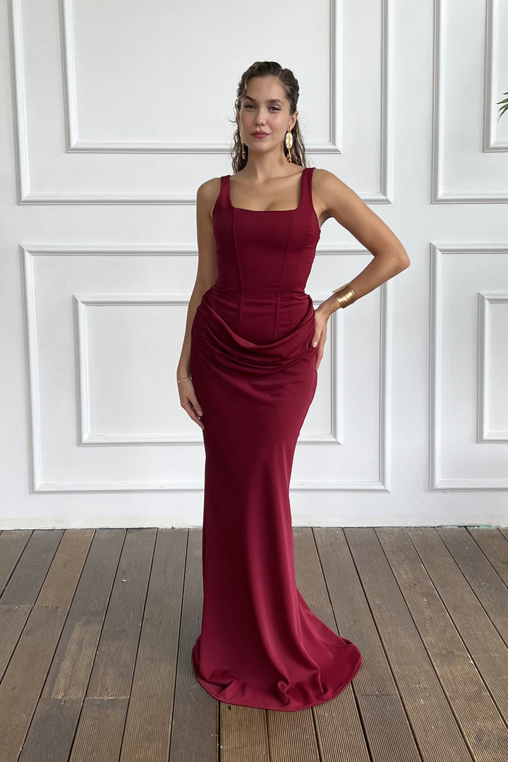 Kadın Bordo Kare Yaka Askılı Uzun Balık Abiye Elbise