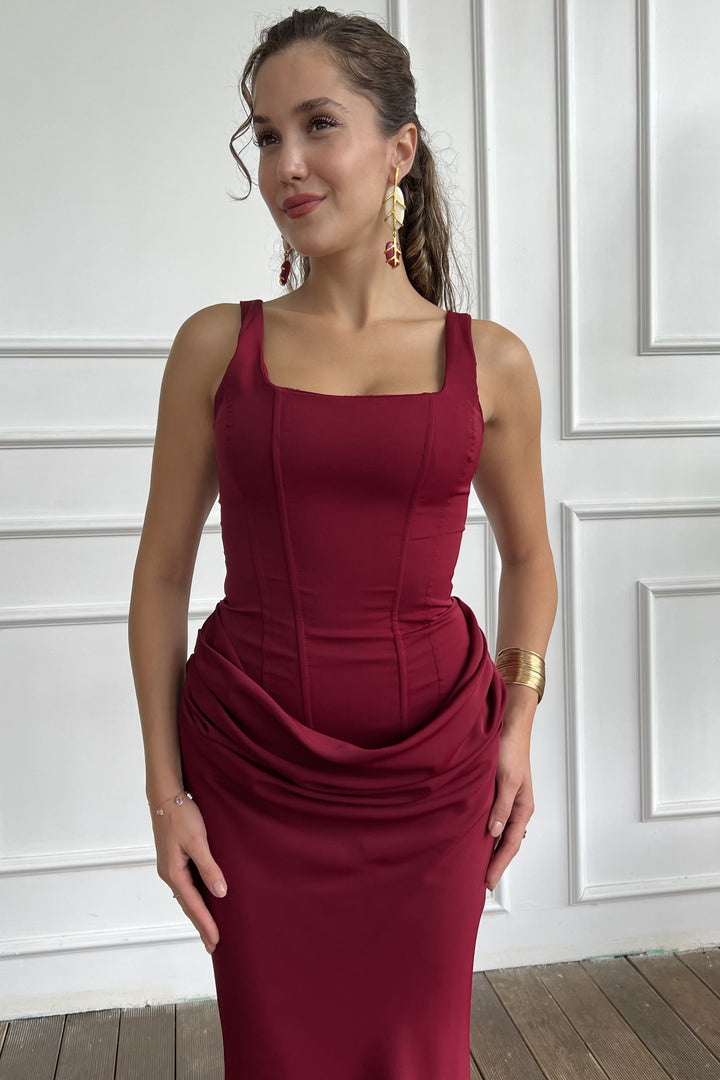 Kadın Bordo Kare Yaka Askılı Uzun Balık Abiye Elbise