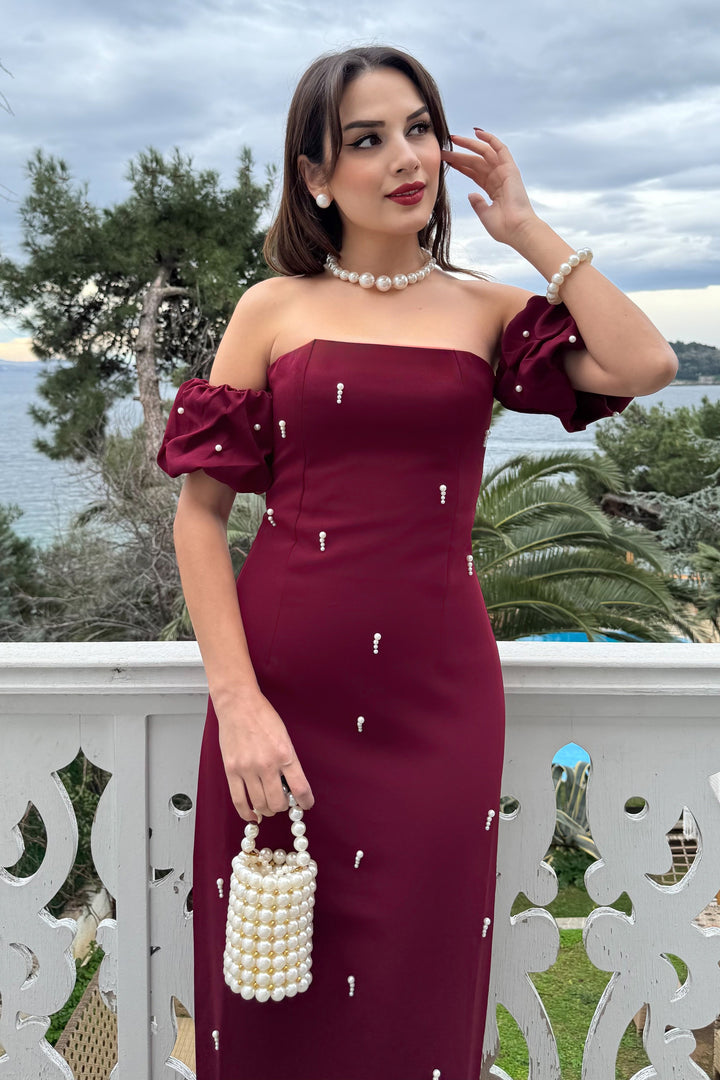 Kadın Bordo Straplez Yaka İnci İşlemeli Uzun Söz Nişan Nikah Elbise