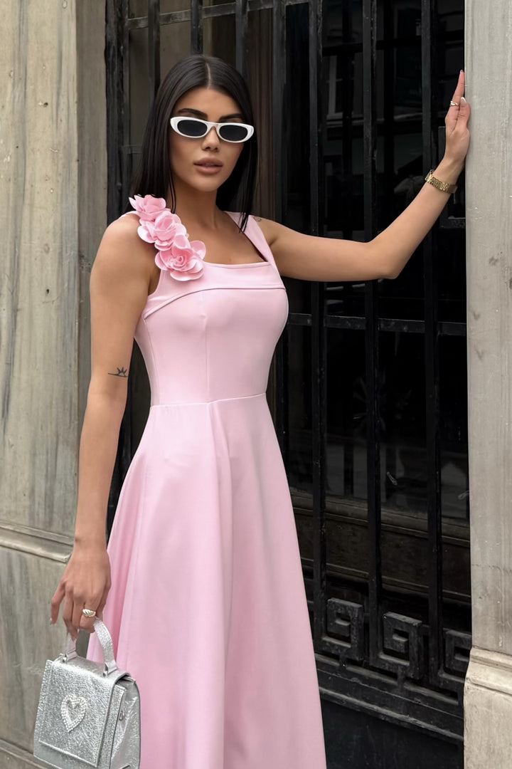 Kadın Pembe Kare Yaka Çiçek Detay Kloş Midi Elbise