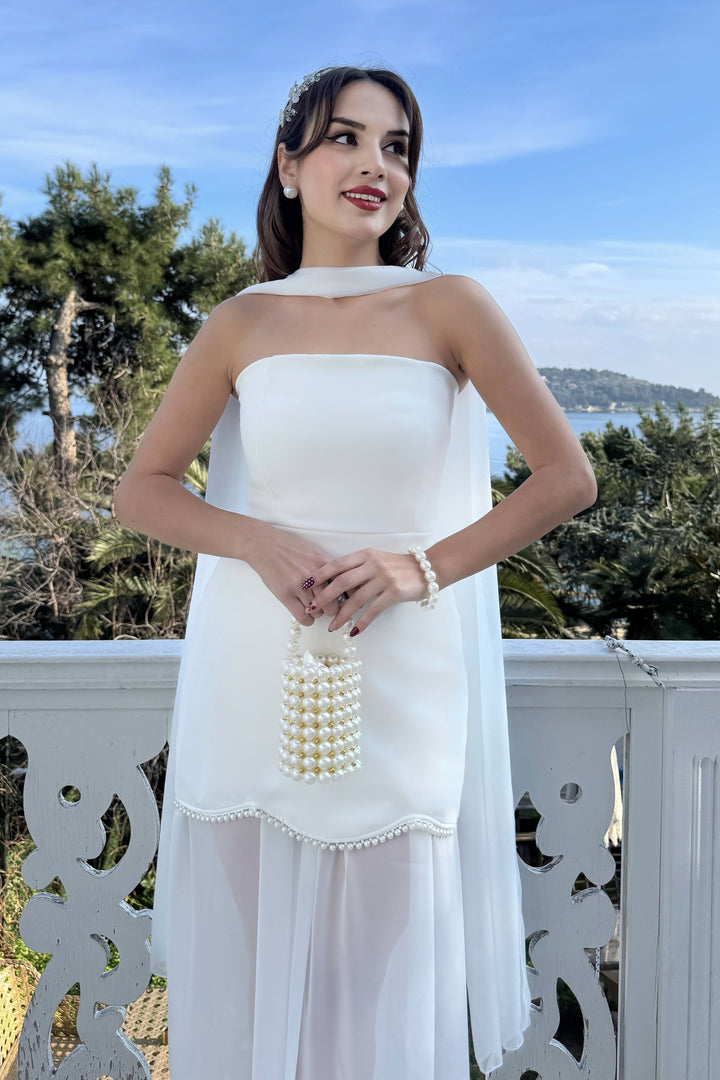 Kadın Beyaz Straplez Şal Yaka Mini Elbise