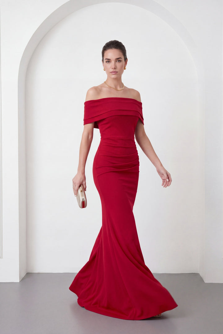 Kadın Bordo Kayık Yaka Uzun Abiye Elbise