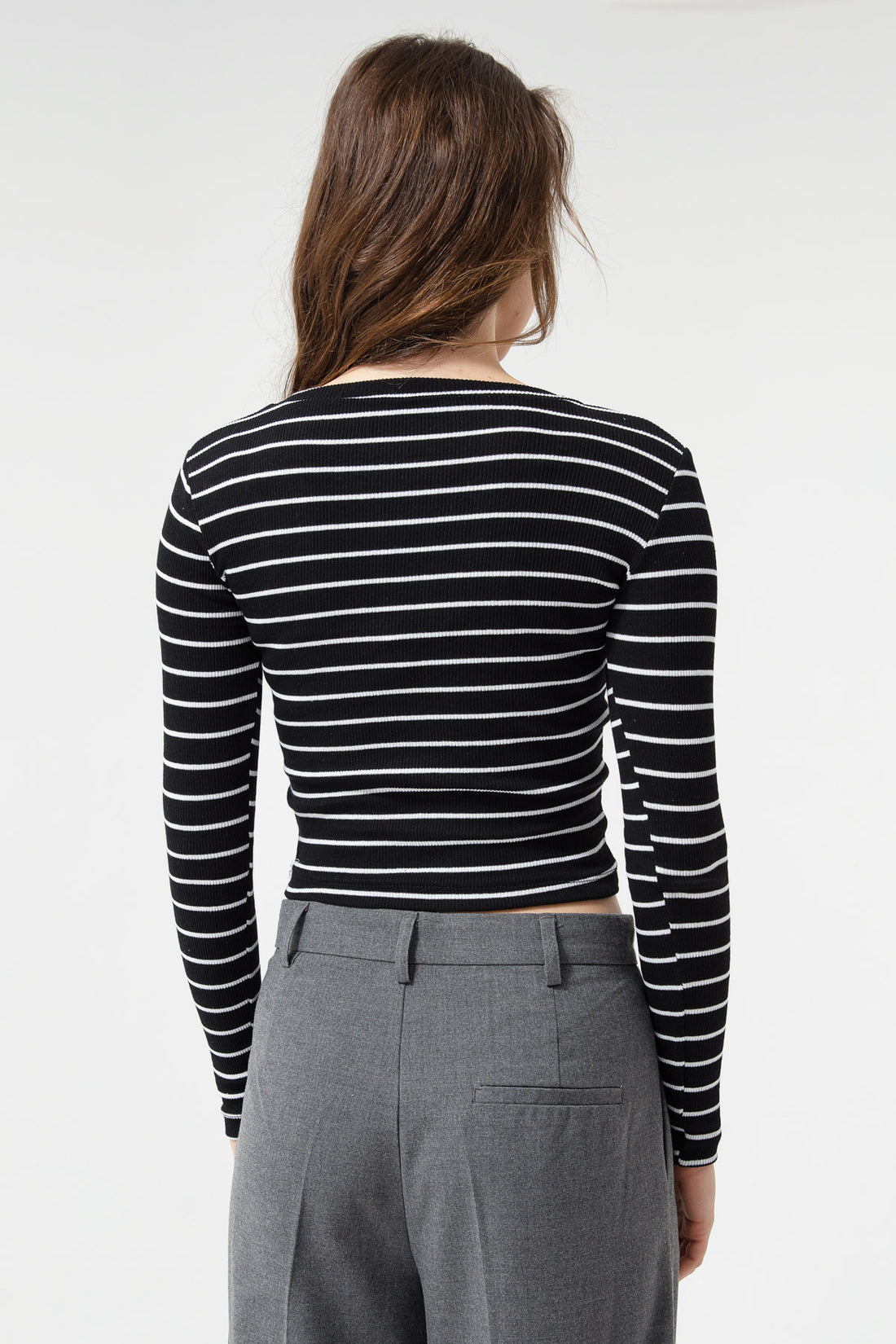 Kadın Siyah-Ekru Fitilli Uzun Kollu Crop Bluz