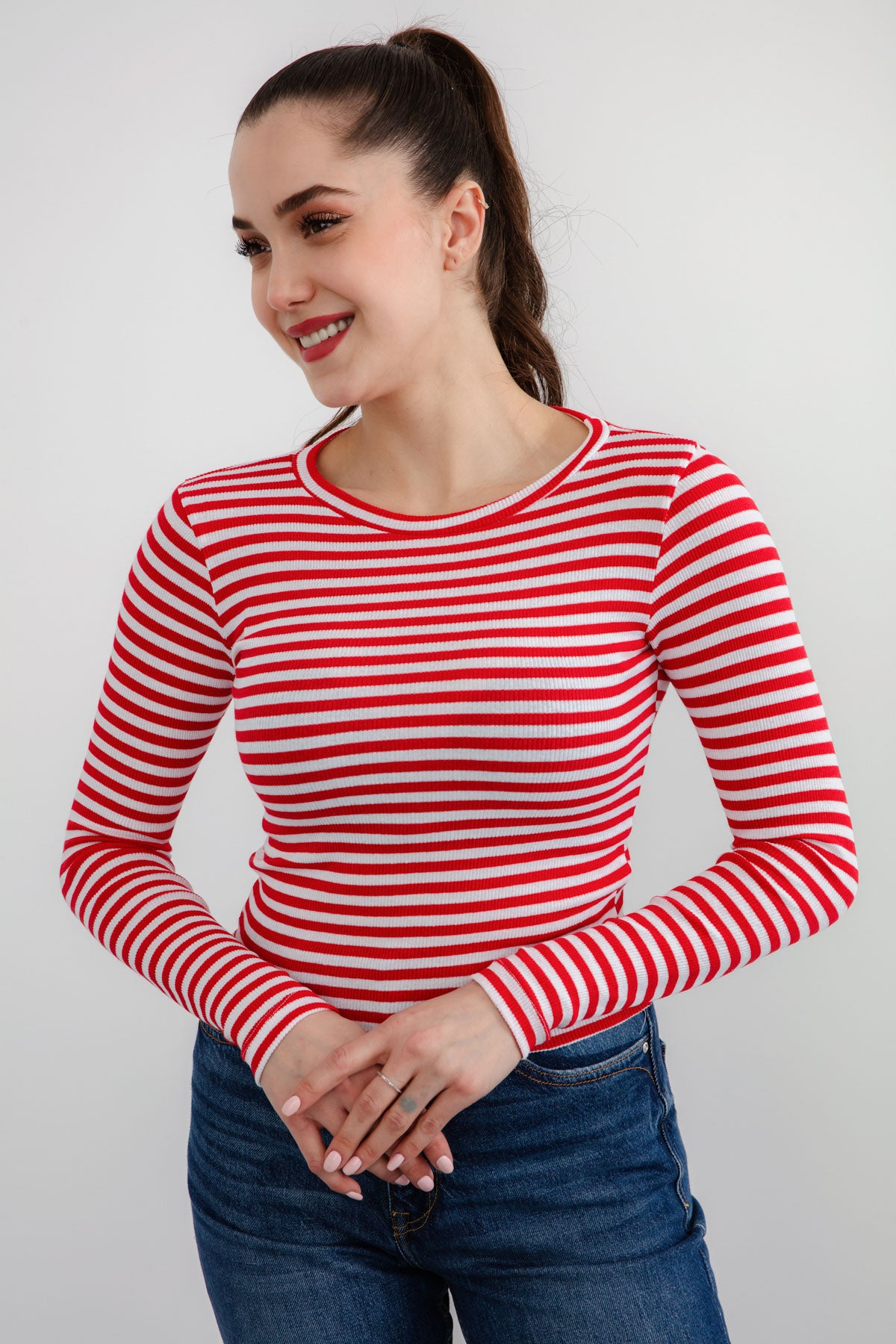 Kadın Ekru-Kırmızı Fitilli Uzun Kollu Crop Bluz