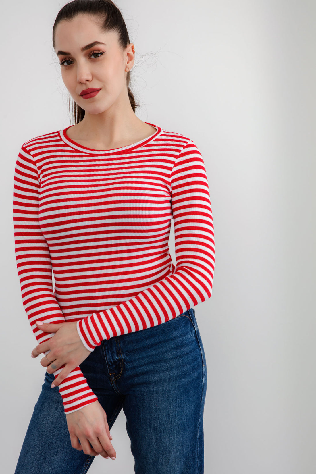 Kadın Ekru-Kırmızı Fitilli Uzun Kollu Crop Bluz
