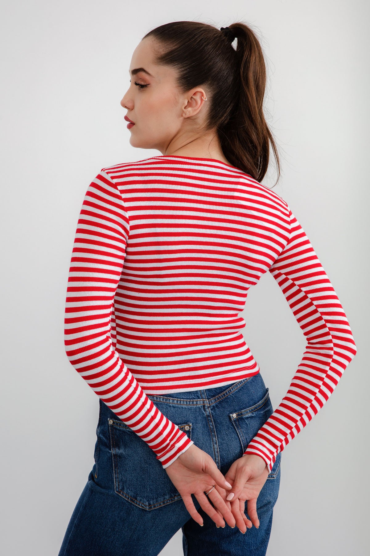 Kadın Ekru-Kırmızı Fitilli Uzun Kollu Crop Bluz