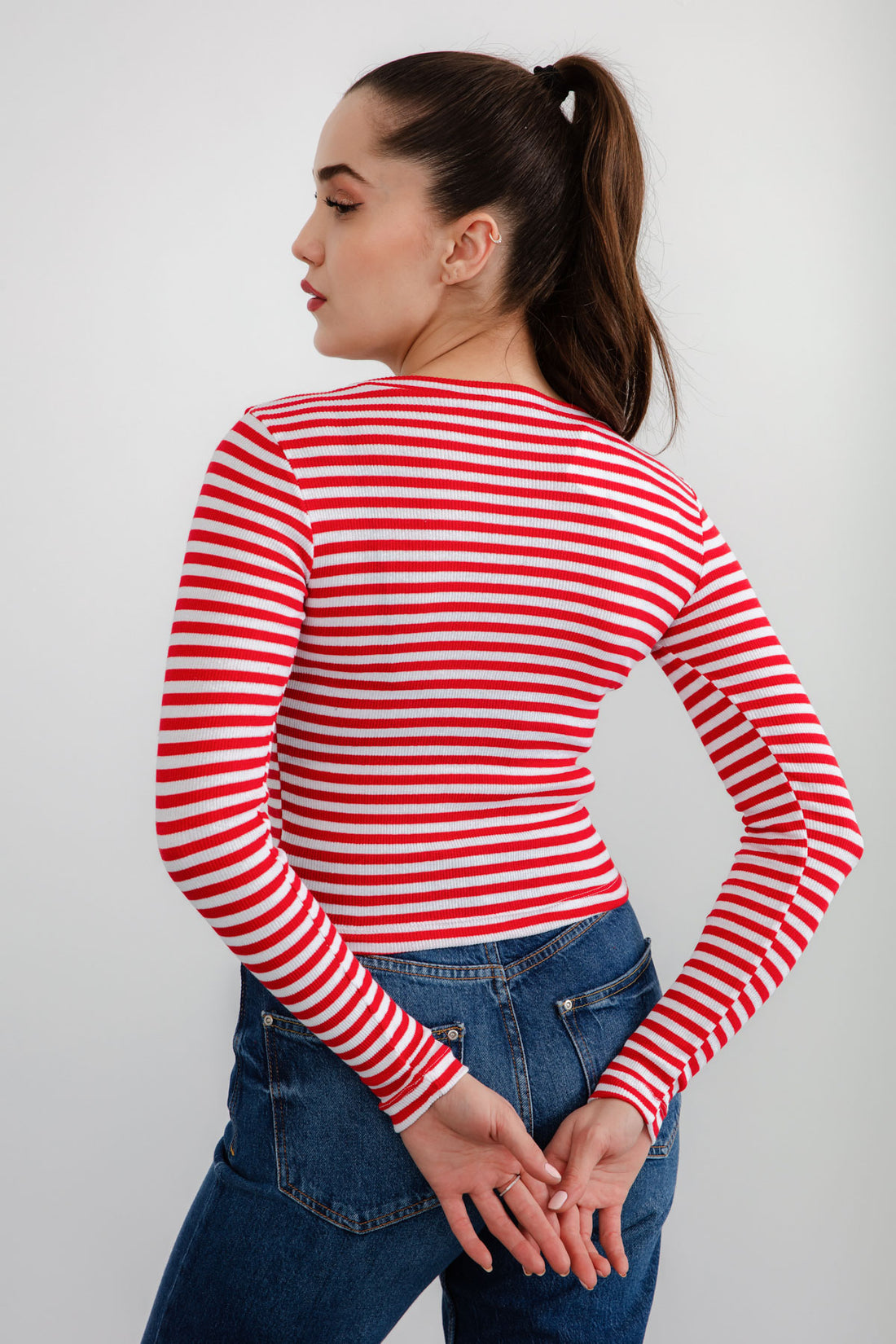 Kadın Ekru-Kırmızı Fitilli Uzun Kollu Crop Bluz