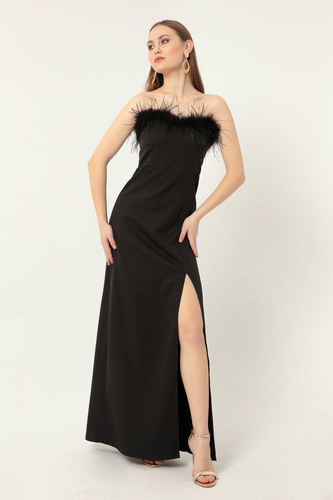 Kadın Siyah Otriş Detaylı Abiye & Mezuniyet Elbisesi