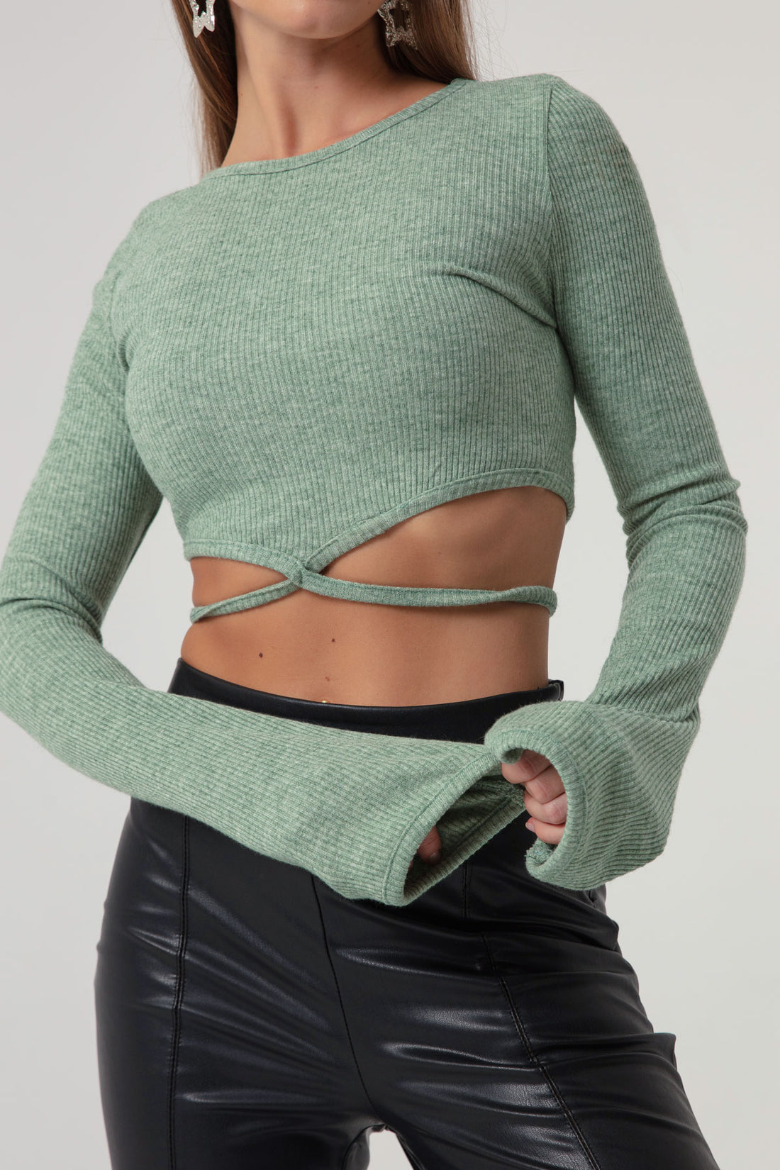 Kadın Mint Yeşili Bağlama Detaylı Örme Crop
