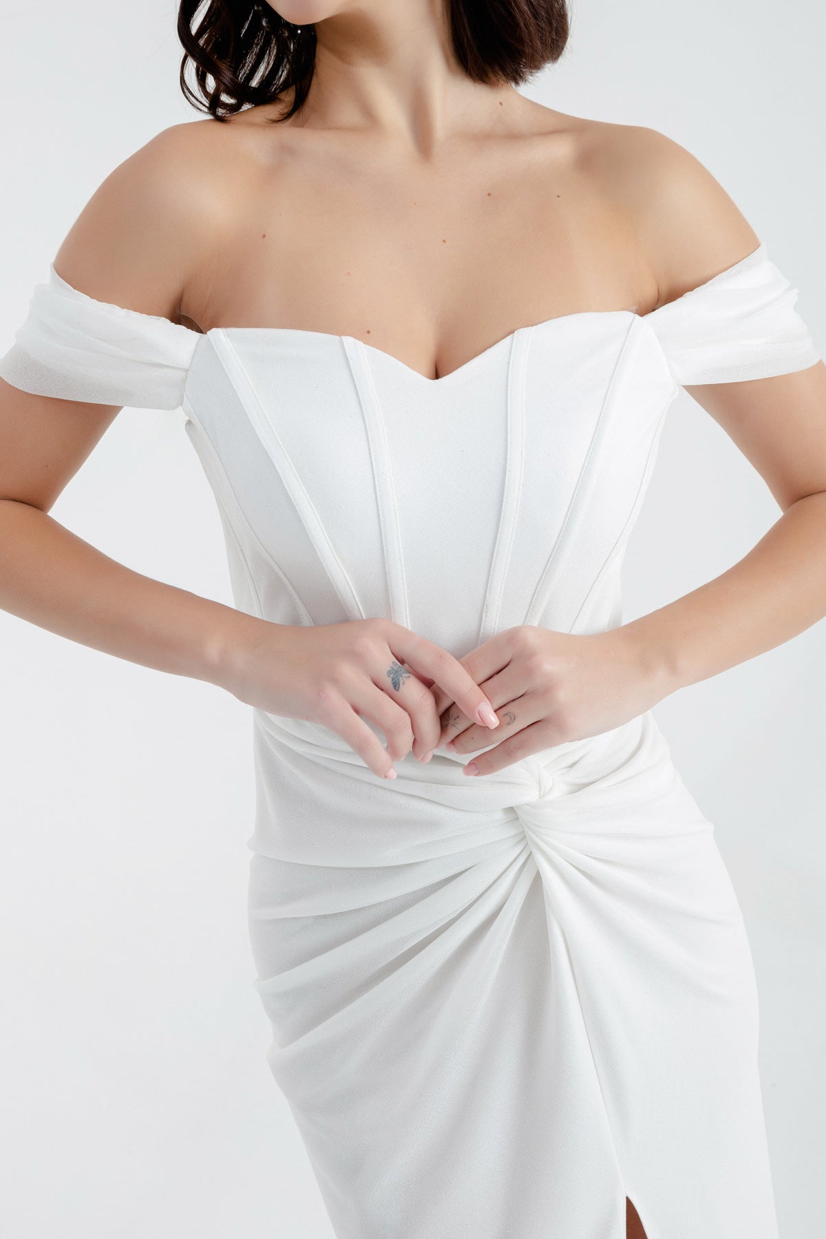 Kadın Beyaz Kruvaze Astarlı Korse Detaylı Söz Nişan Nikah Abiye Elbise