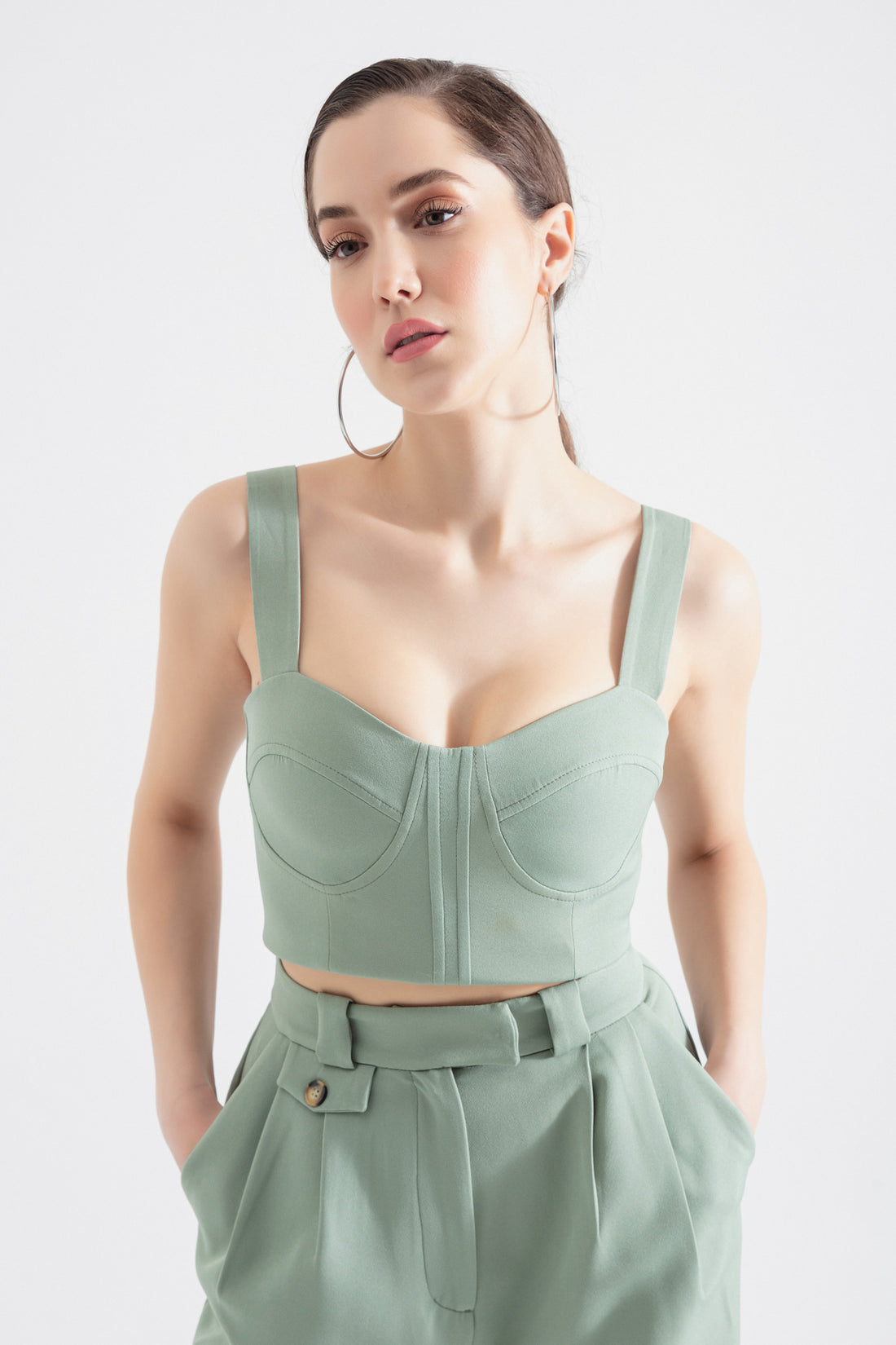Kadın Mint Yeşili Kalın Askılı Crop Bluz
