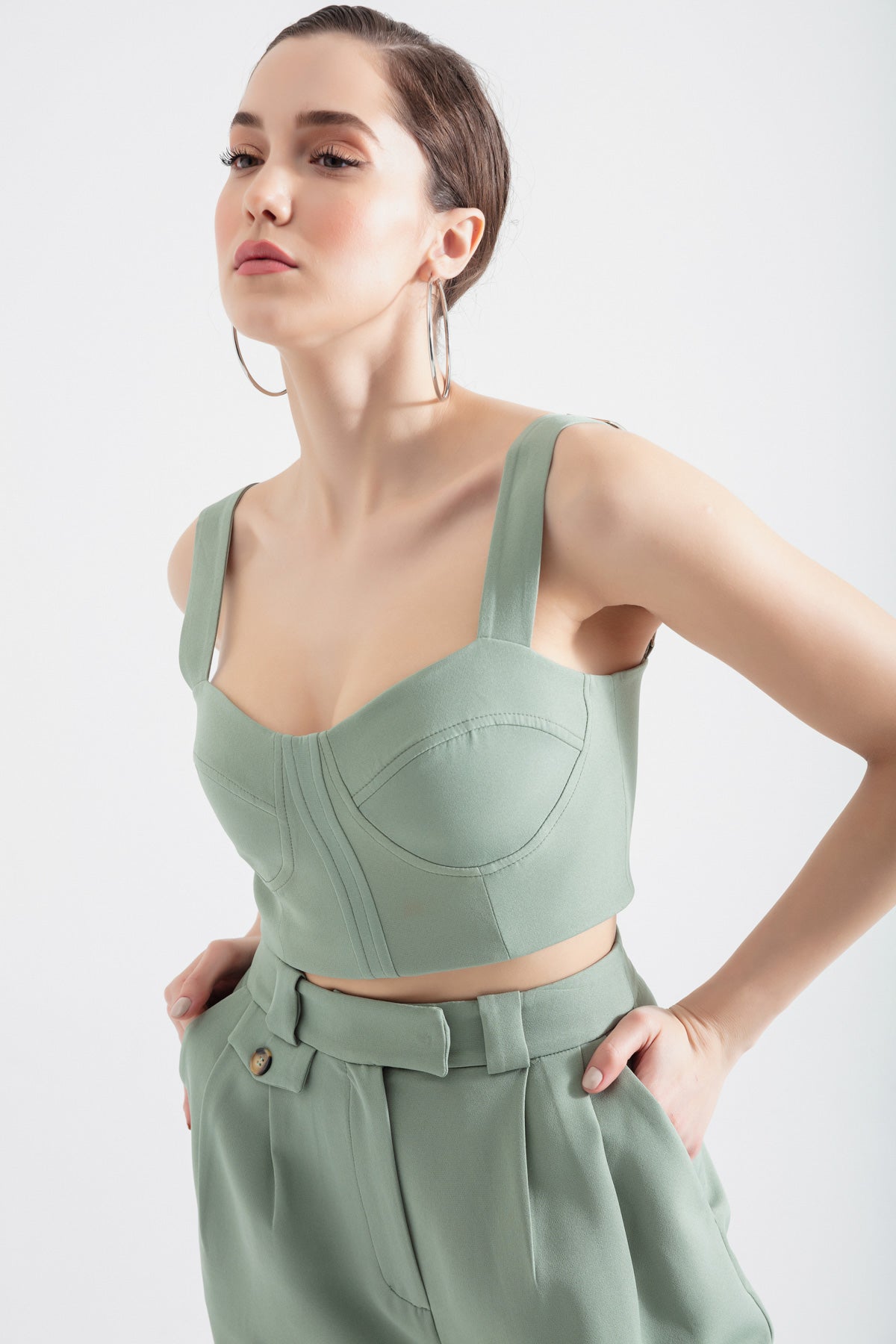 Kadın Mint Yeşili Kalın Askılı Crop Bluz