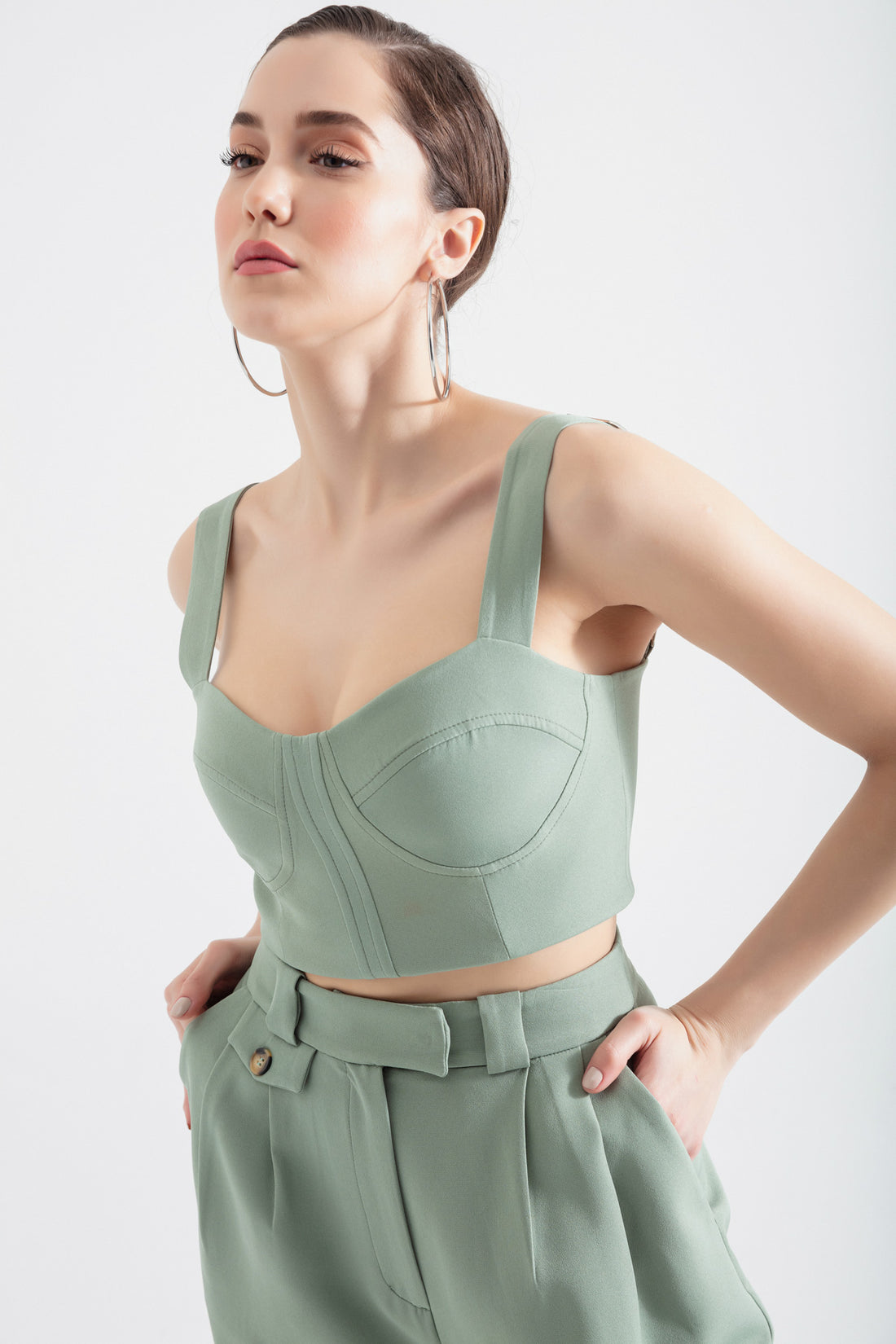 Kadın Mint Yeşili Kalın Askılı Crop Bluz