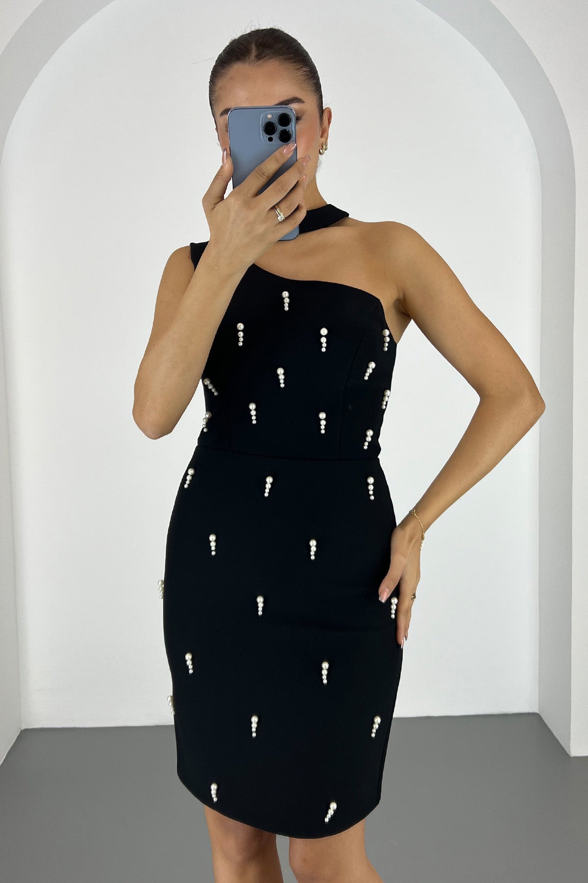 Kadın Siyah İncili Mini Söz Nişan Nikah Abiye Elbise