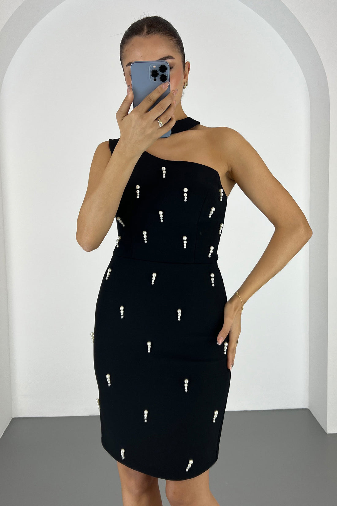 Kadın Siyah İncili Mini Söz Nişan Nikah Abiye Elbise