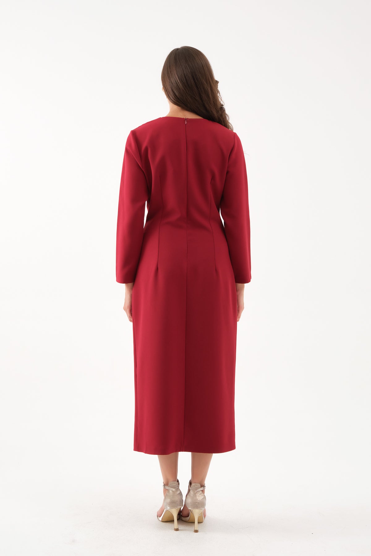 Kadın Bordo Dar Kalıp İnci Detay Midi Davet Elbisesi