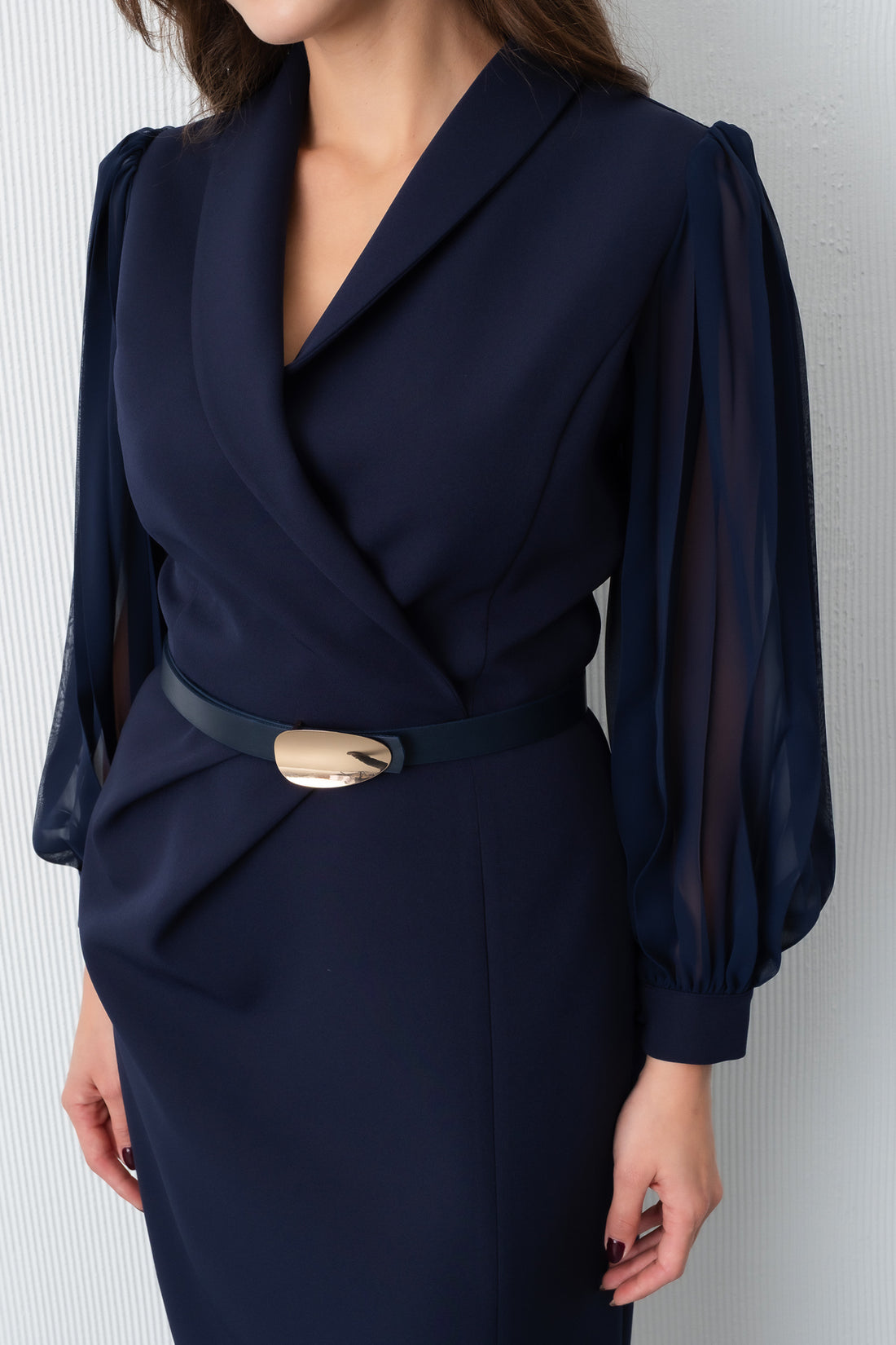 Kadın Lacivert Kemerli Midi Abiye Elbise