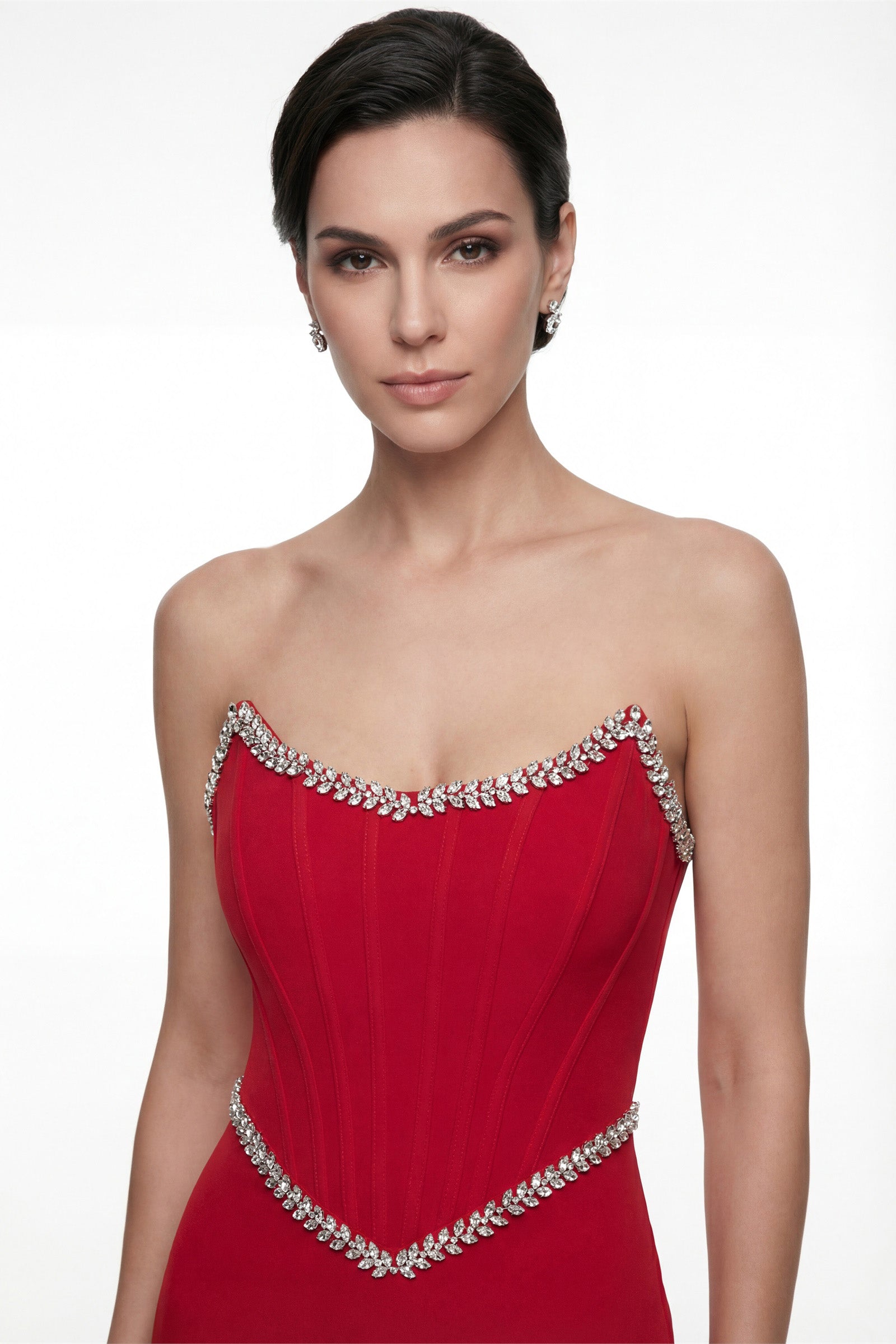 Kadın Kırmızı Dar Kalıp Straplez Taşlı Peplum Kesim Söz Nişan Nikah Abiye