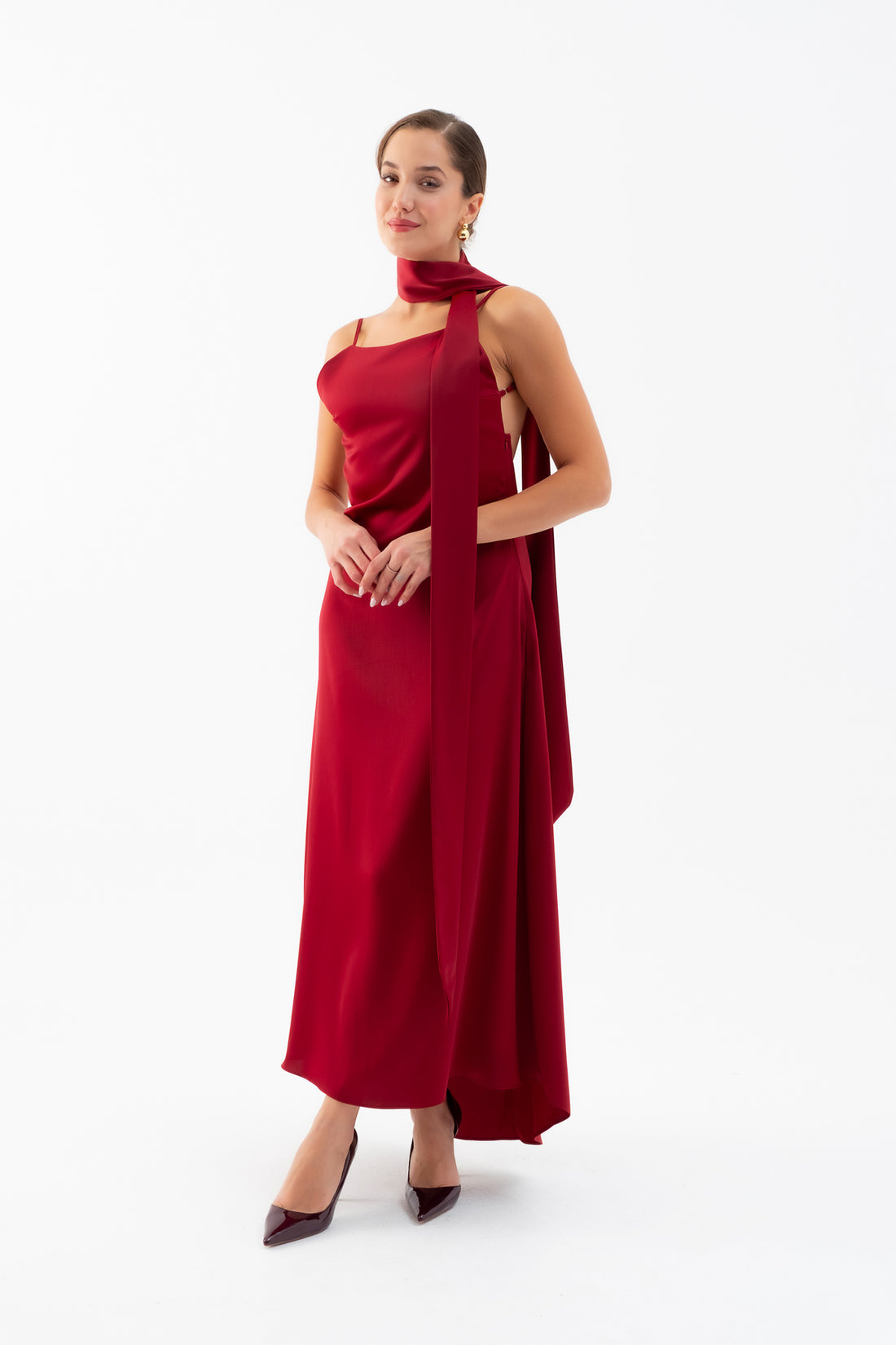 Kadın Bordo Fularlı Maxi Saten Elbise