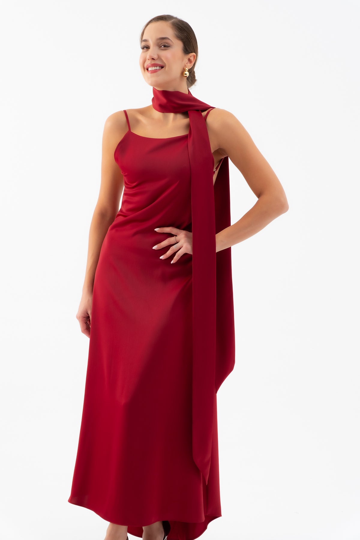 Kadın Bordo Fularlı Maxi Saten Elbise