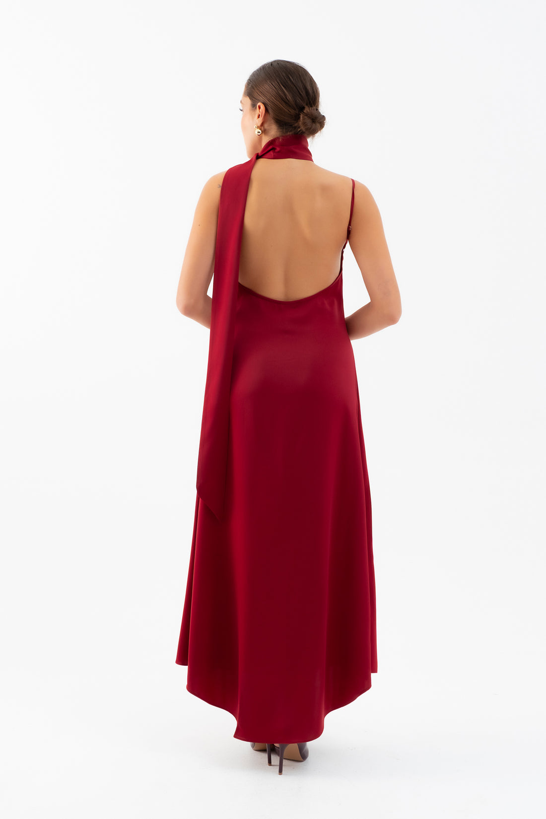 Kadın Bordo Fularlı Maxi Saten Elbise