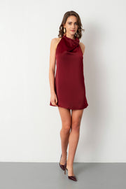 Kadın Bordo Halter Yaka Mini Saten Abiye Elbise