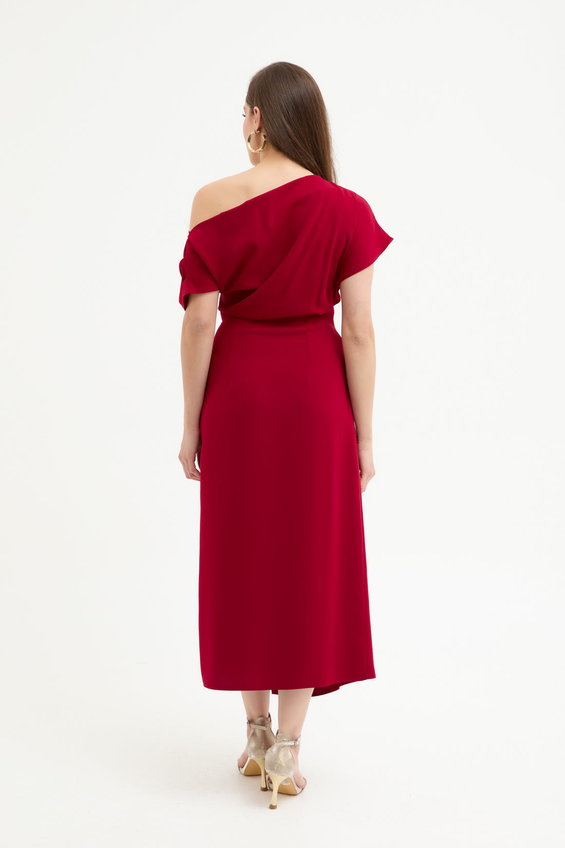 Kadın Bordo Dar Kalıp Aksesuar Detay Midi Elbise