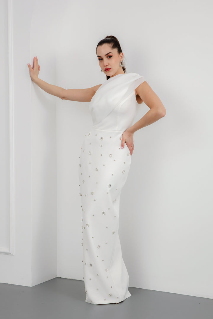 Kadın Beyaz Dar Kalıp Tek Omuz Taşlı Söz Nişan Nikah Abiye Elbise