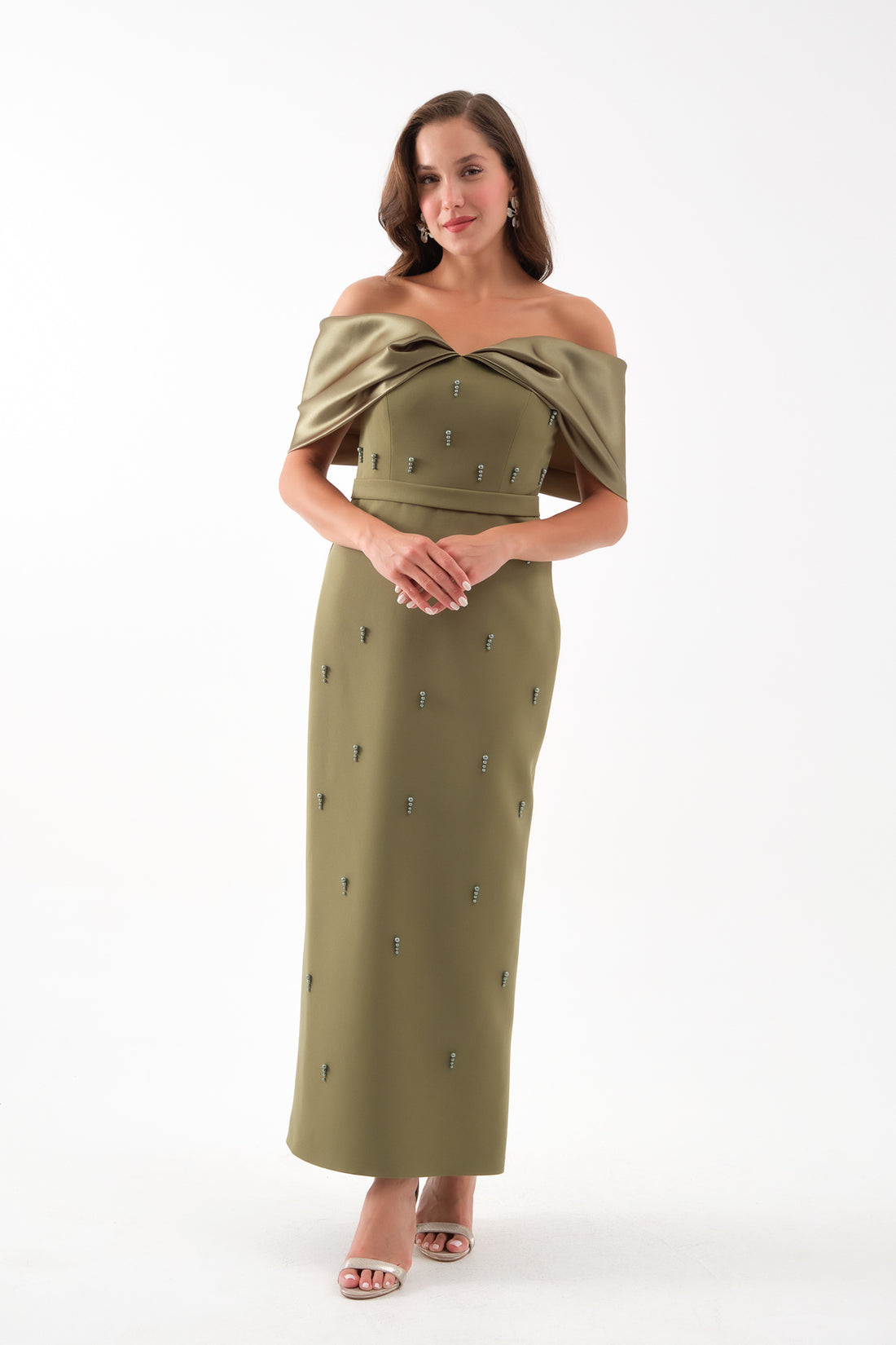Kadın Haki Dar Kalıp Kayık Yaka İncili Söz Nişan Nikah Abiye Elbise