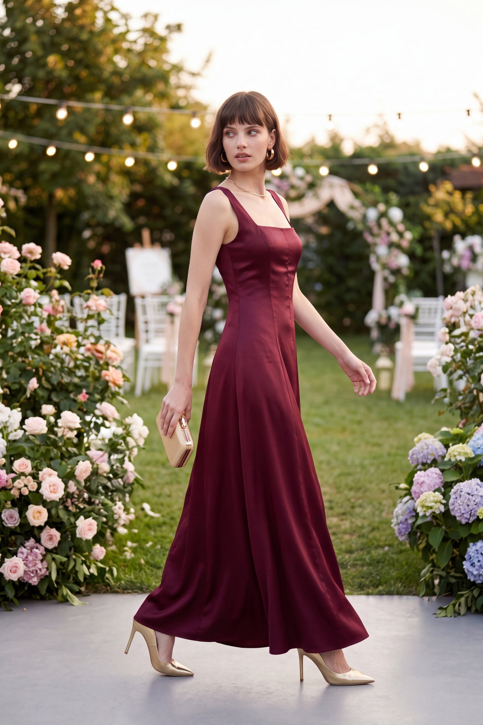 Kadın Bordo Kare Yaka Maxi Saten Davet & Abiye Elbise
