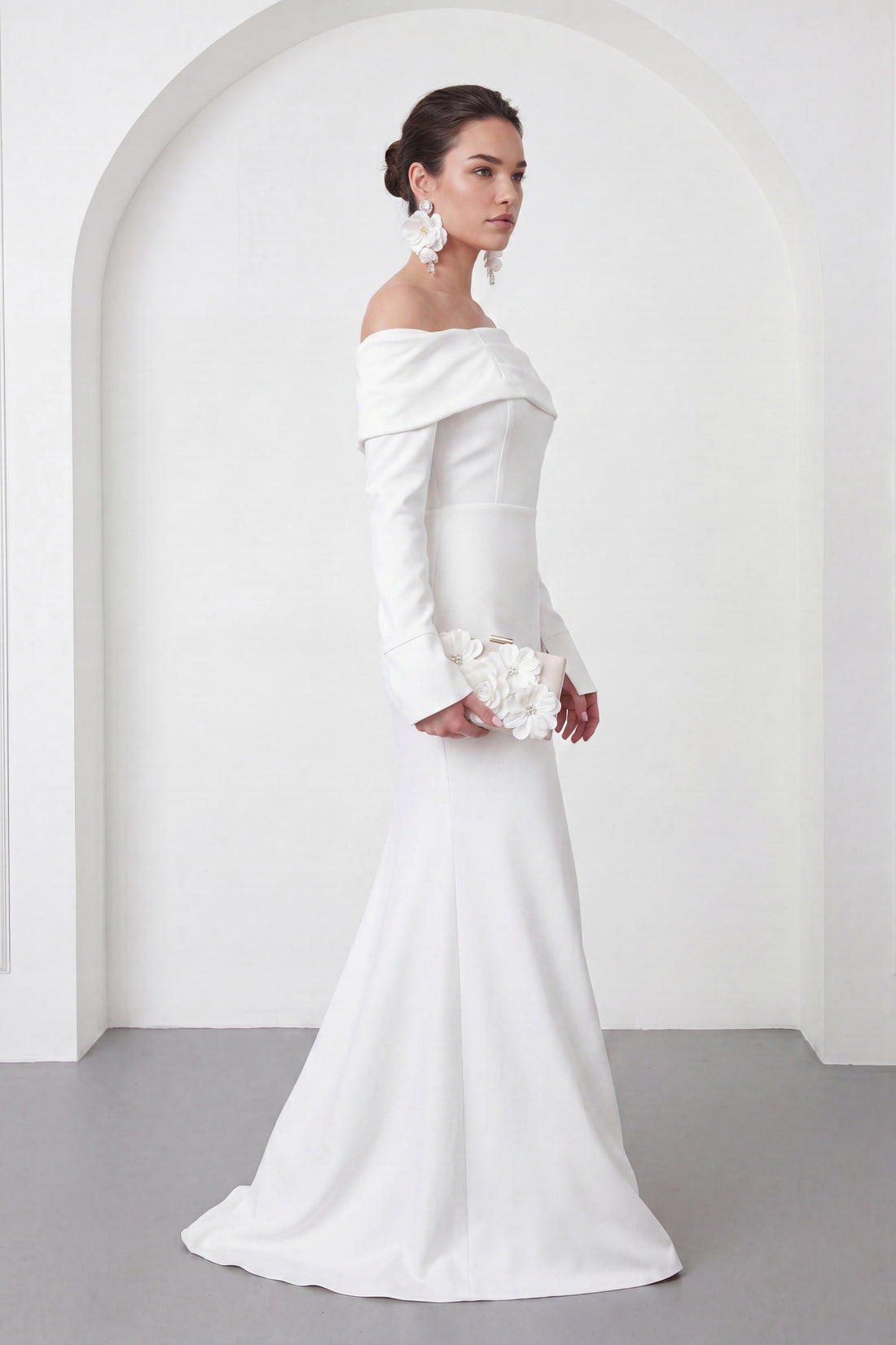Kadın Beyaz Kayık Yaka Uzun Kol Söz Nişan Nikah Abiye Elbise