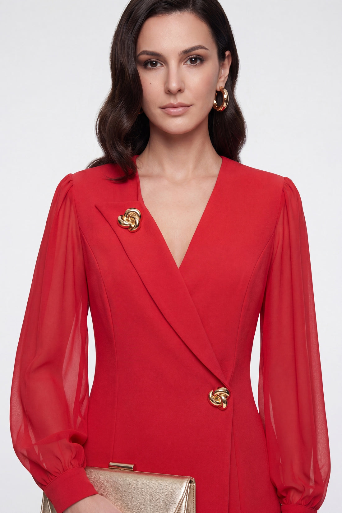 Kadın Kırmızı Kruvaze Yaka Uzun Kol Gold Detay Mini Davet Elbise