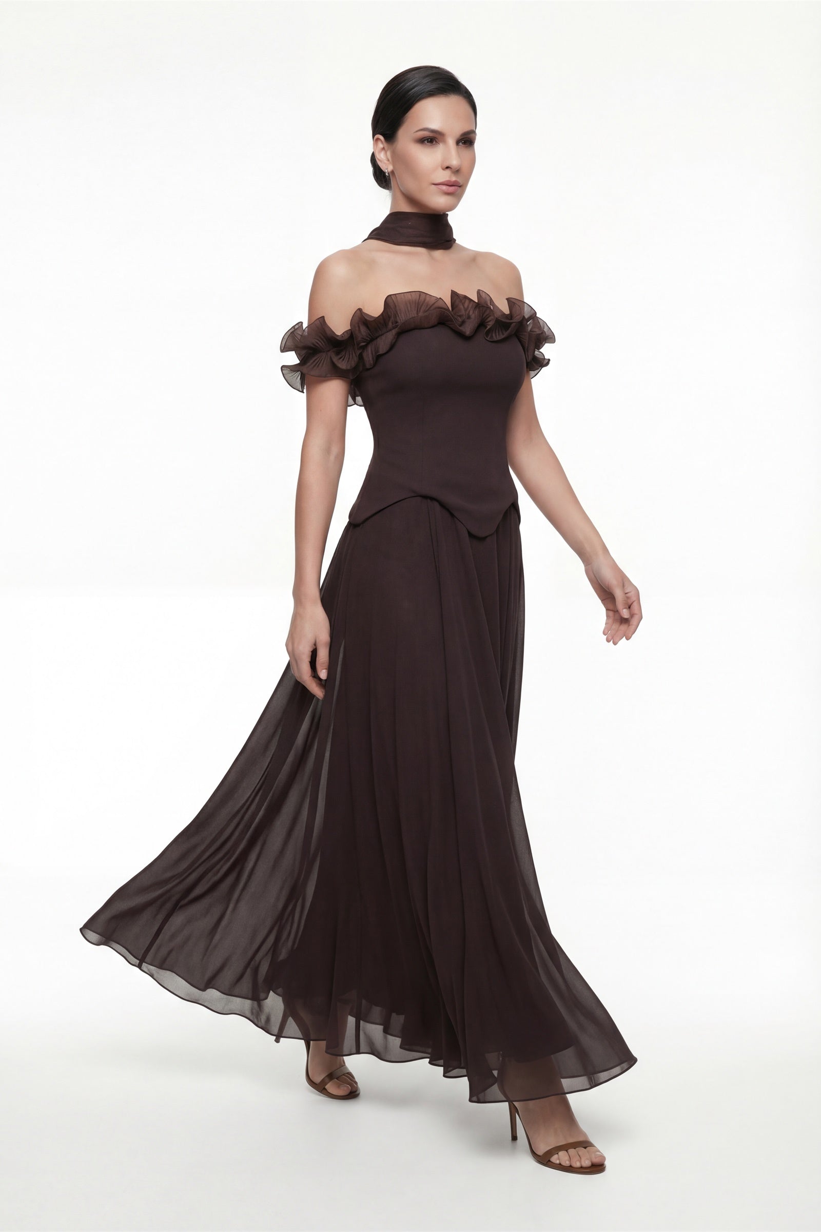 Kadın Kahverengi Fırfır Detaylı Uzun Söz Nişan Nikah Abiye Elbise