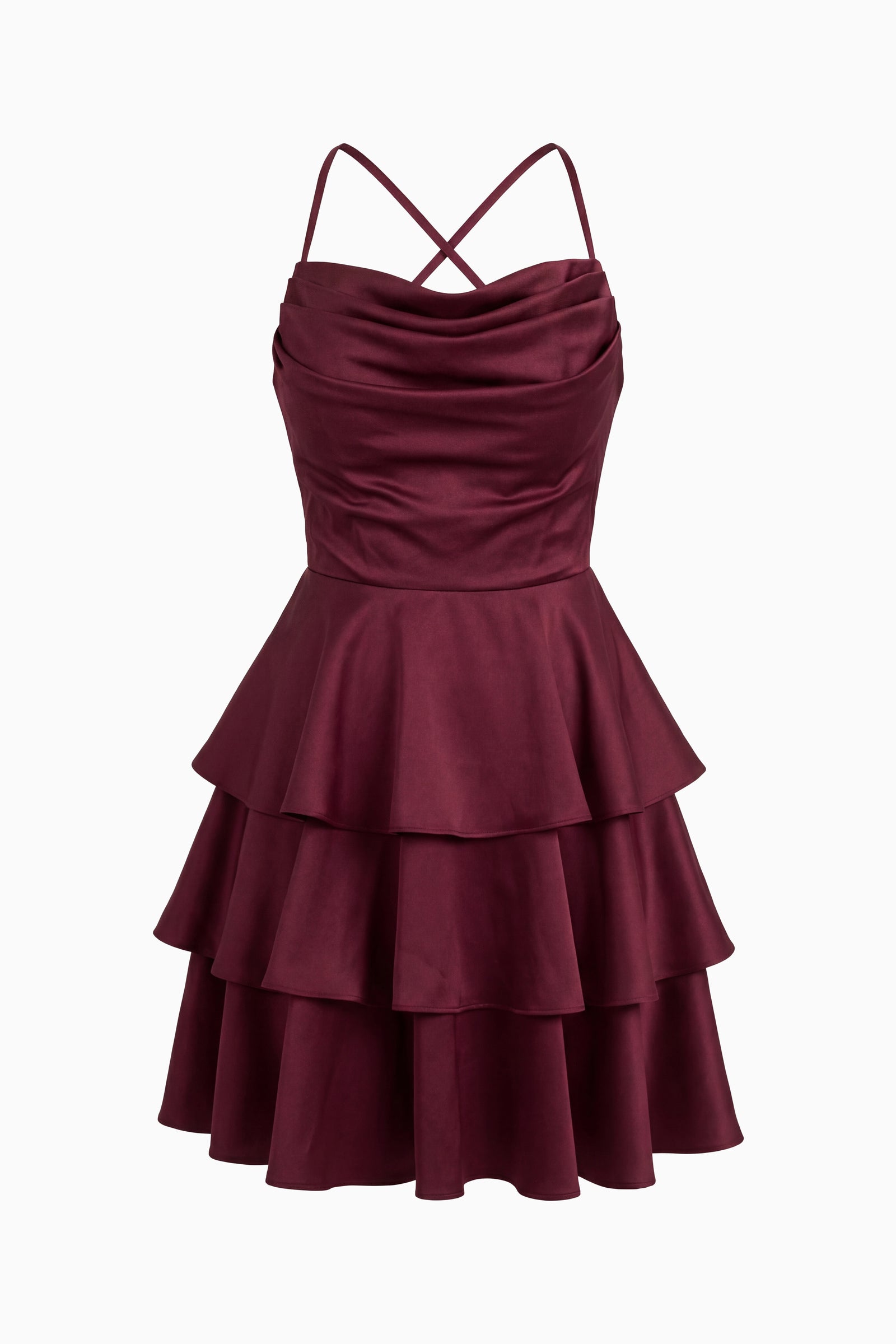 Kadın Bordo İnce Askılı Degaje Yaka Mini Saten Mezuniyet Abiye Elbise