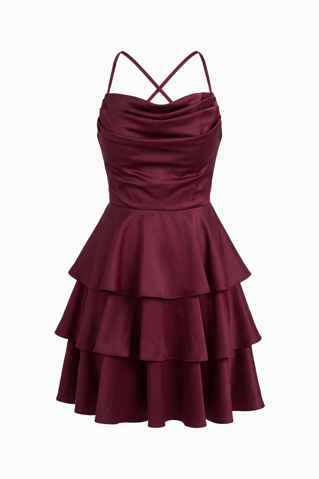 Kadın Bordo İnce Askılı Degaje Yaka Mini Saten Mezuniyet Abiye Elbise