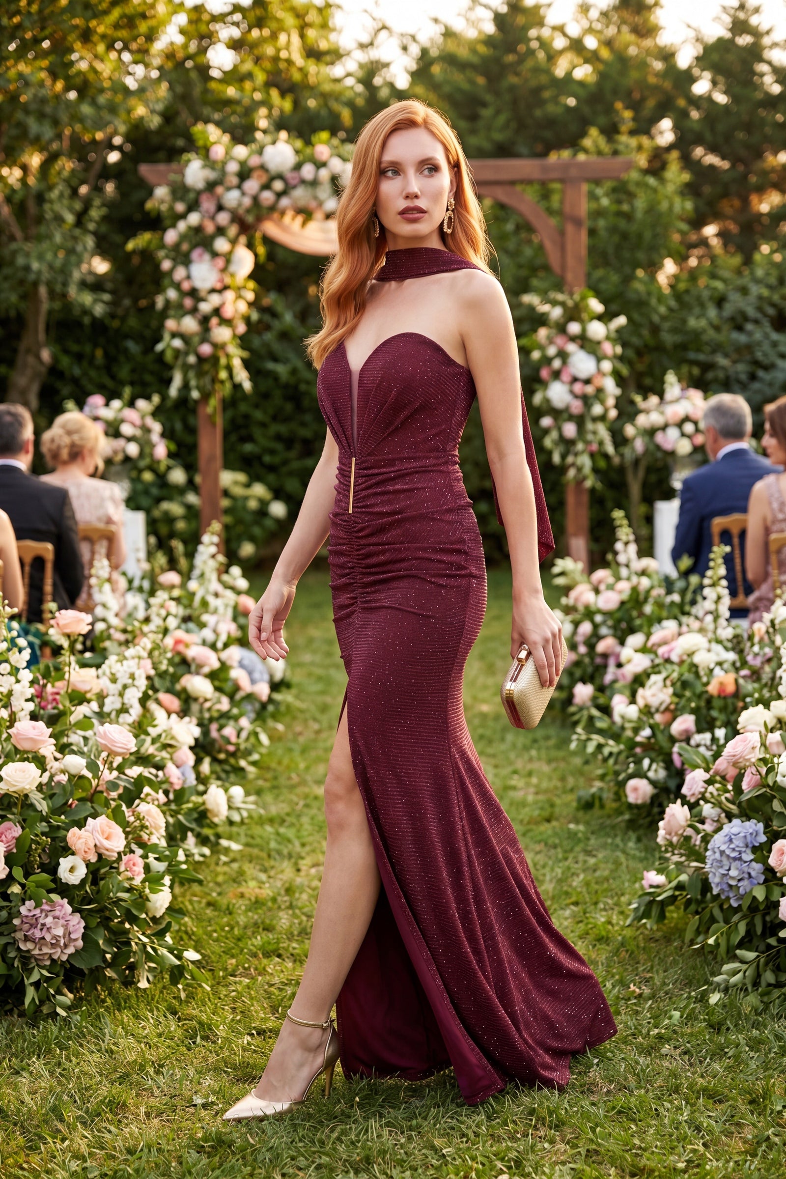 Kadın Bordo Straplez Yaka Aksesuar Detay Uzun Abiye Elbise