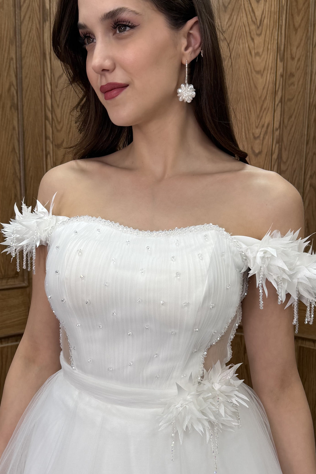 Kadın Beyaz Dar Kalıp Transparan Detaylı Uzun Tül Abiye Elbise